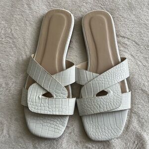 Elegant White Croc-Embossed Slide Sandals